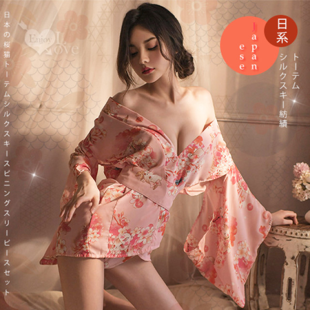 和服！日系櫻花貓咪圖騰絲滑雪紡三件組