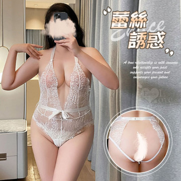 綁脖裸背Ｖ字美胸透膚雙線開襠連身裝