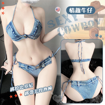 綁脖鬆緊帶比基尼兩側綁帶Ｖ型美臀熱褲兩件組