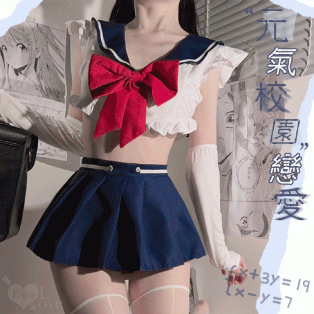 學生服！露腰短上衣方形水手領齊臀百褶裙五件式套裝