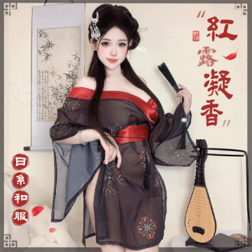 和服！低領美肩日系緞面拼接薄透雪紡印花側高衩三件組