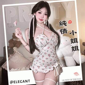 少女風交叉綁脖荷葉邊側抽繩玫瑰連身裙含襪三件組