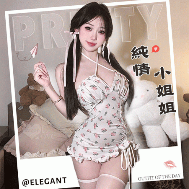 少女風交叉綁脖荷葉邊側抽繩玫瑰連身裙含襪三件組
