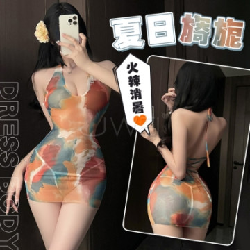 夏日旖旎．深U露溝暈染印花透紗包臀裙