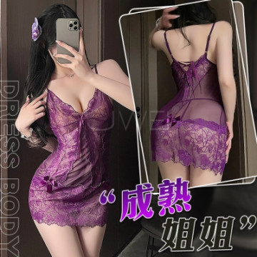 成熟姐姐．性感深V透胸蕾絲裙擺連身睡裙-紫色