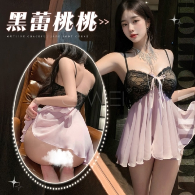 黑蕾桃桃．法式純欲私房蕾絲花蔓透視雪紡睡裙 【睡裙+T褲】